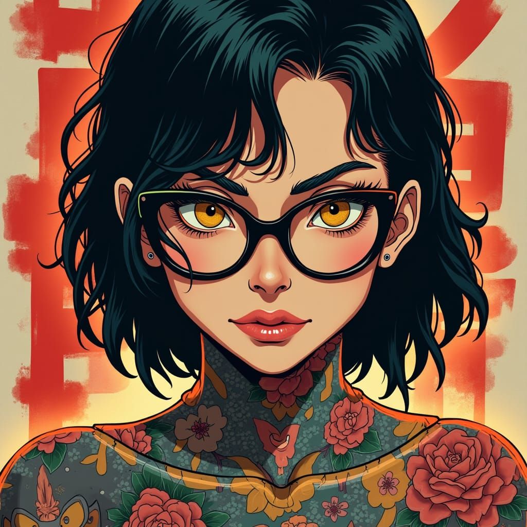 Striking Yakuza Woman with Piercing Gaze in Manga Style