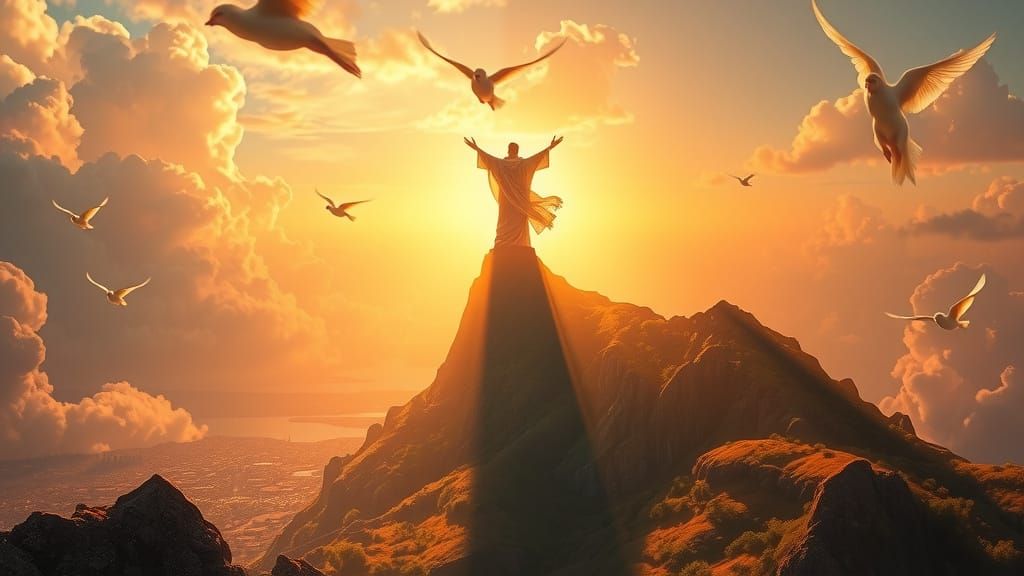 Majestic Figure Surrounded by Divine Light and Vibrant Lands...