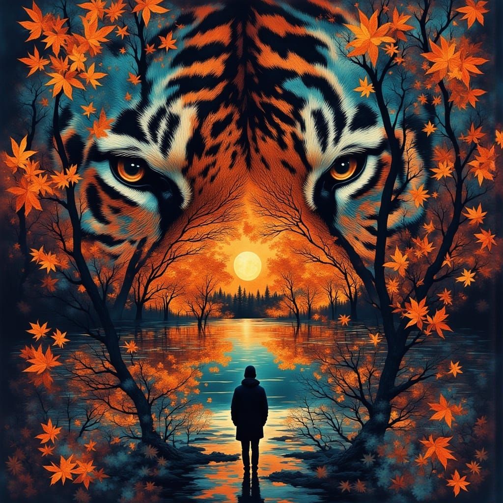 Tiger's Gaze at Sunset: A Dreamy Reflection
