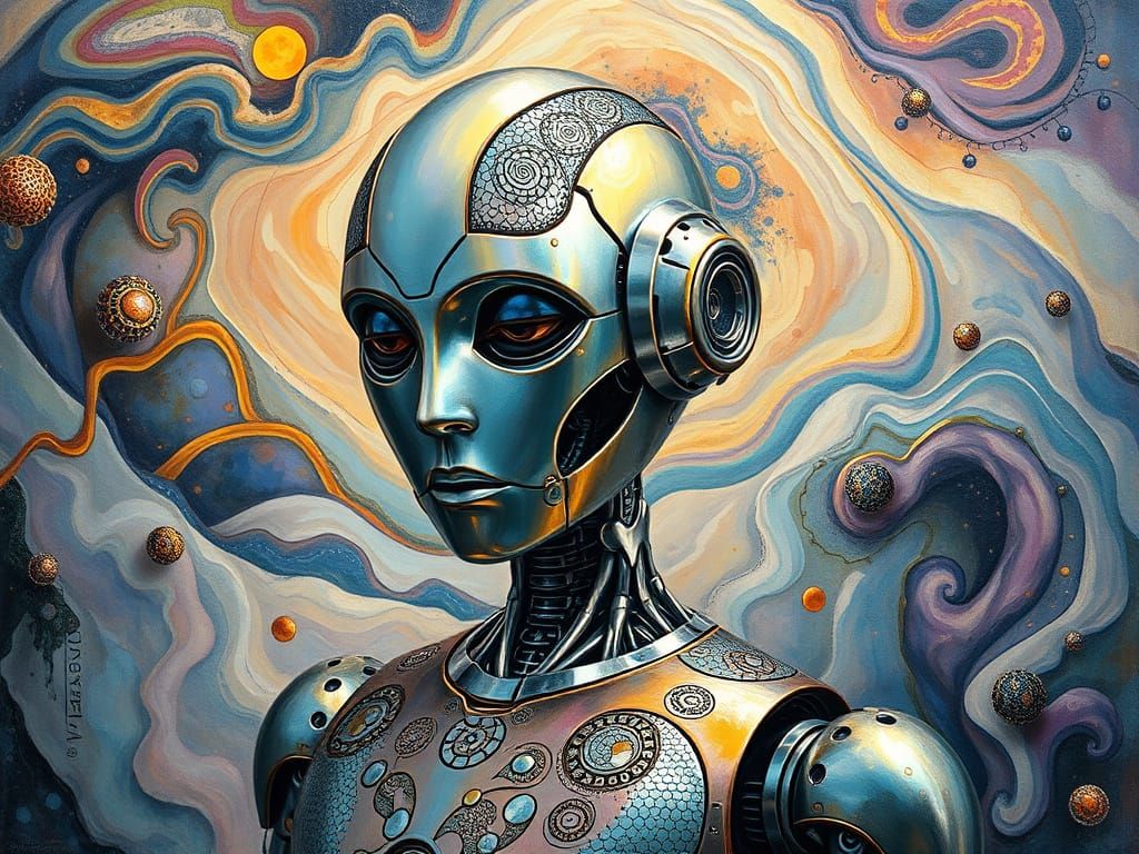 Sorrowful Robot in Iridescent Gouache Style