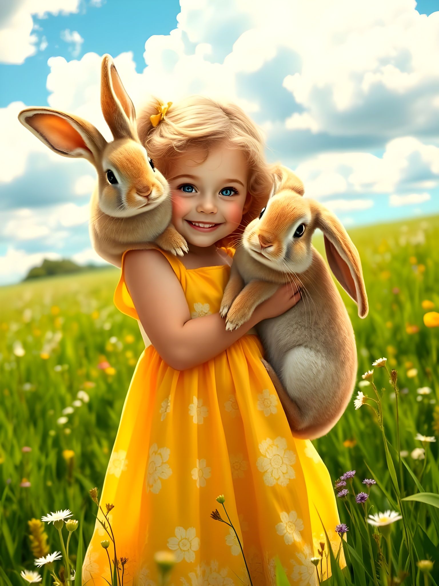 Joyful Summer Girl with Flemish Rabbit in a Vibrant Meadow