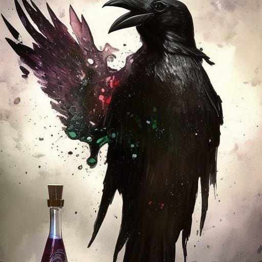 Raven and Skull Apothecary Bottle, Impasto Style