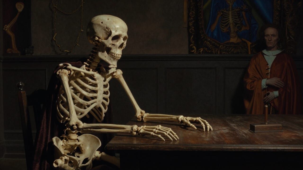 Skeletal Figure at Table in Dark Expressionist Style