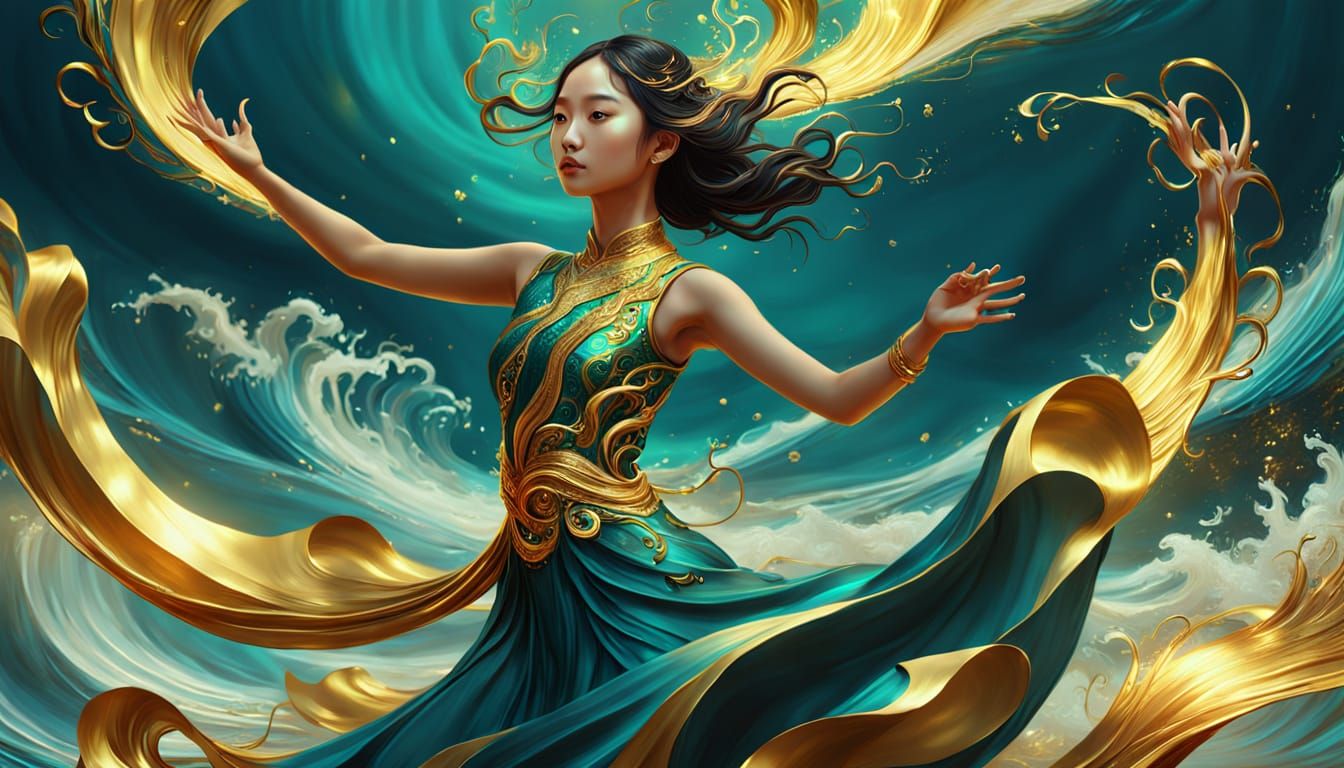 Asian Woman Dancing in Golden Waves: Surreal Digital Art