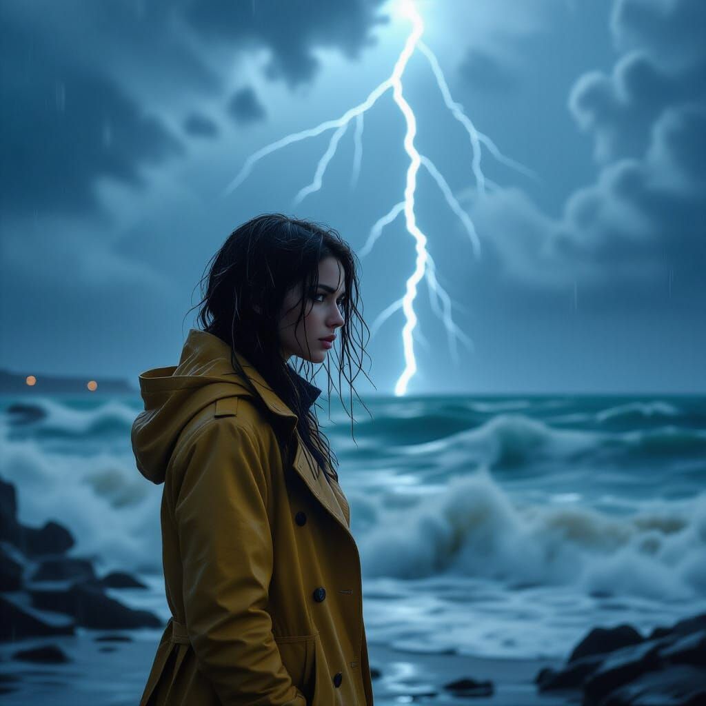 Drenched Woman by Stormy Sea: Cinematic Portrait