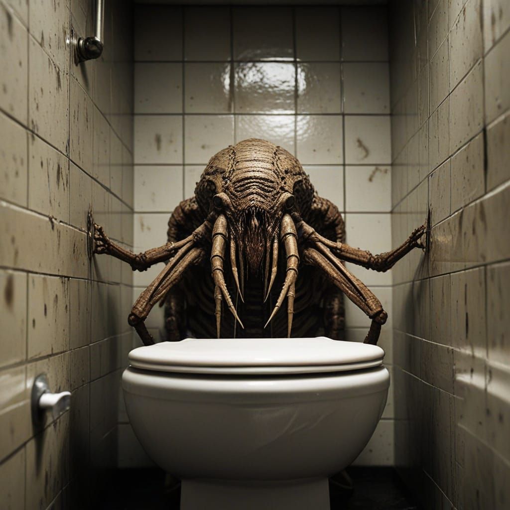 Disturbing Bathroom Horror: Twisted Facehugger in Dark, Grit...