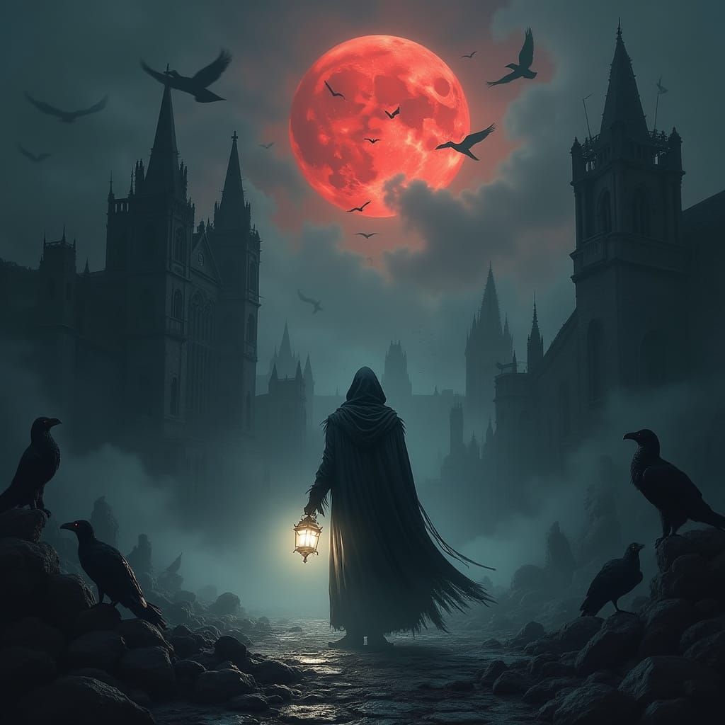 Gothic Fantasy Figure Under Blood Moon