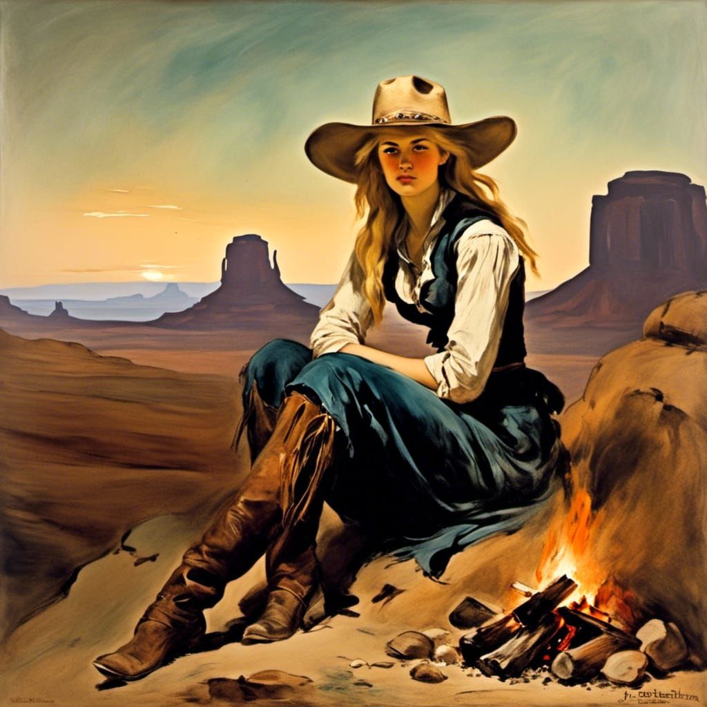 Cowgirl Campfire Scene in Monument Valley as Oil Painting