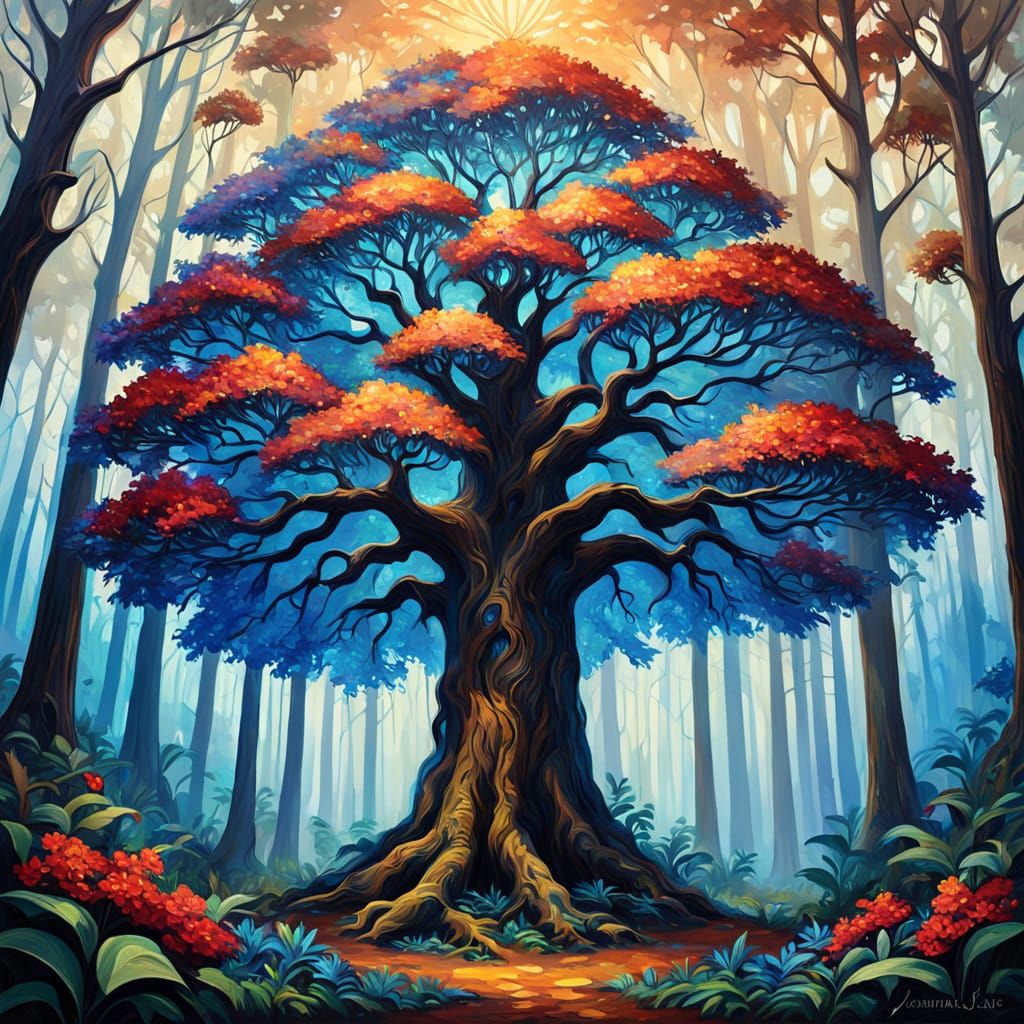 Mystical Forest: Iridescent Tree in Fauvist Oil Painting