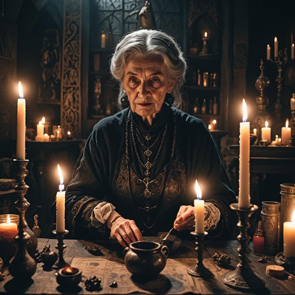 Eerie Alchemist Mixing Potion in Dark Academia Style