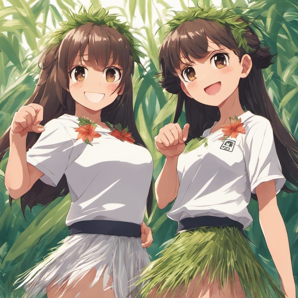 Hula Girls Dancing in Anime Manga Style