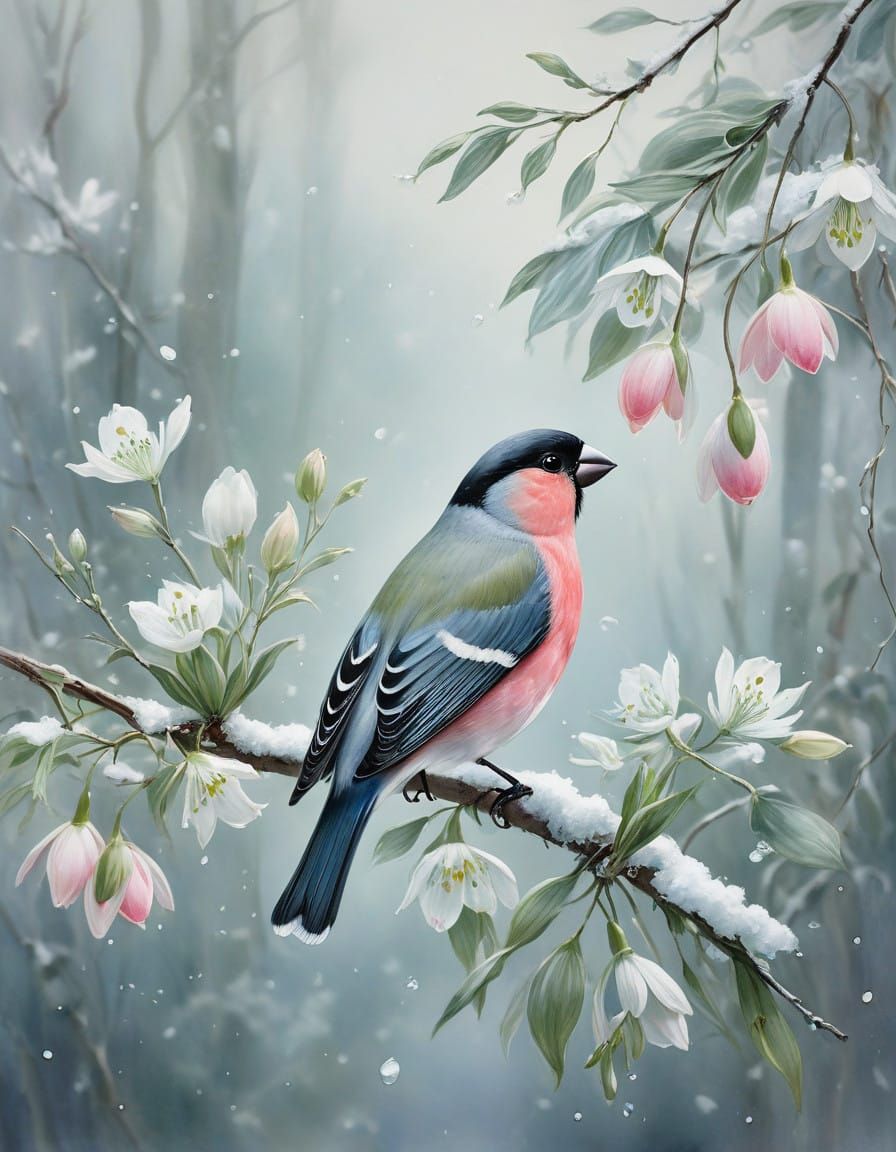 Bullfinch in a Watercolor Wonderland of Snowdrops on New Yea...