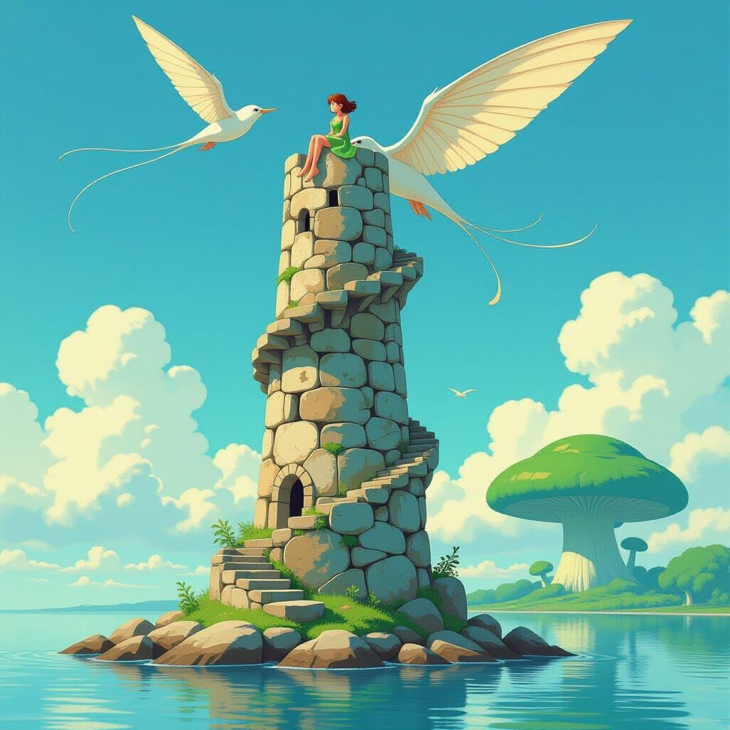 Stone Tower, Flying Fish in Miyazaki Style