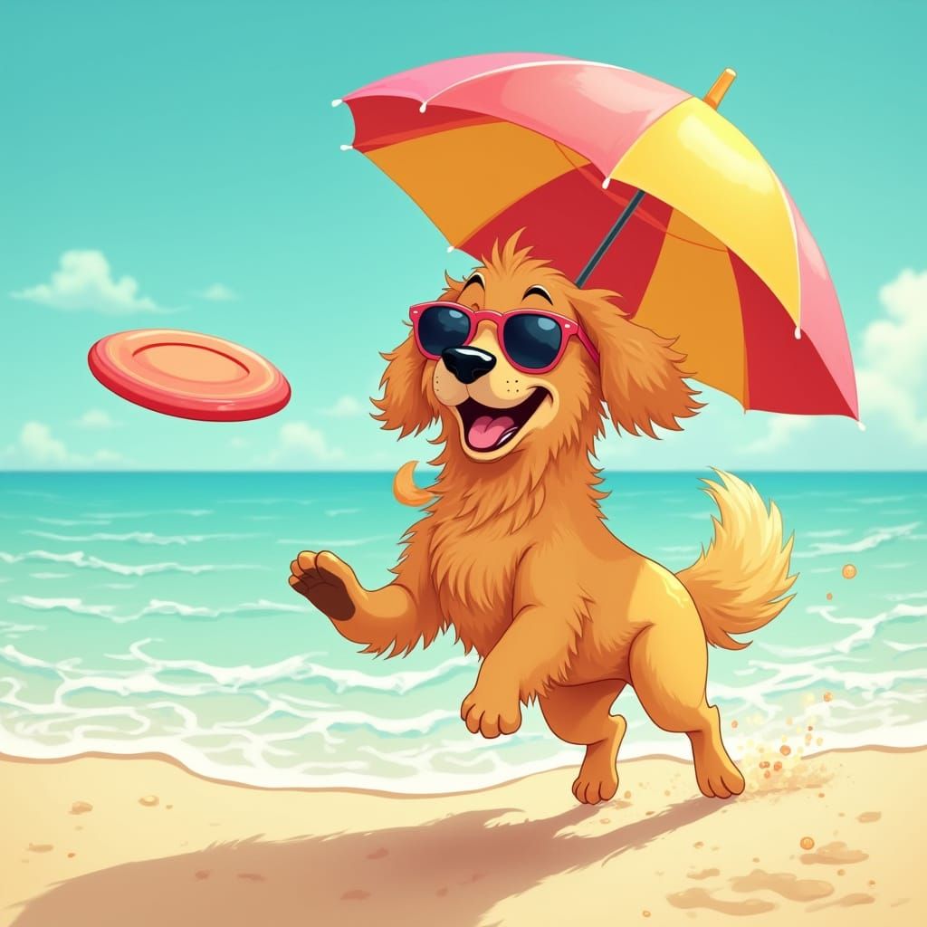 Golden Retriever Chasing Frisbee on Sunny Beach in Vibrant C...