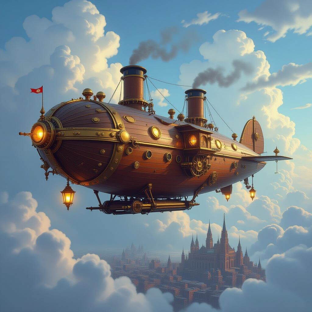 Steampunk Airship Over Victorian City in Digital Painting