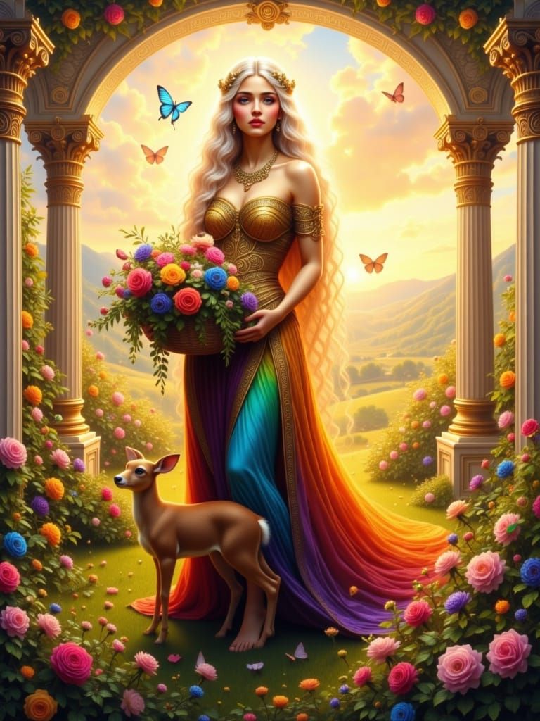 Ancient Greek Goddess Persephone in Vibrant Art Nouveau Styl...