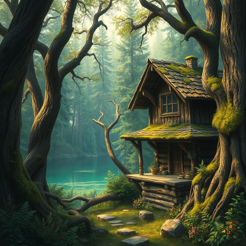 Romantic Rustic Cabin Amidst Ancient Forest and Emerald Lake