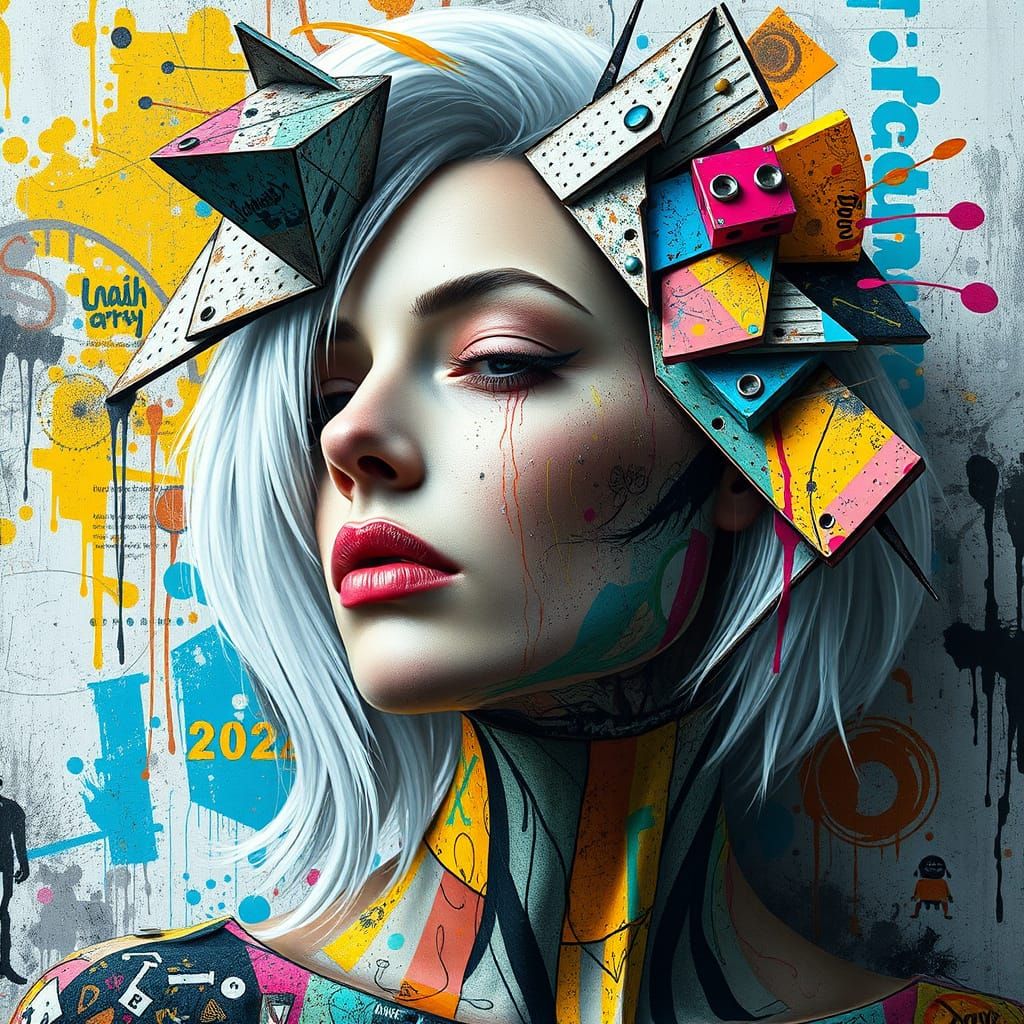 Abstract Geometric White Hair Art, Graffiti Style