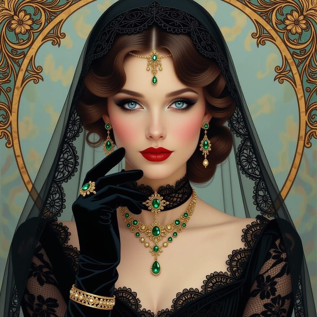 Mysterious Woman in Lace Veil, Art Nouveau Style