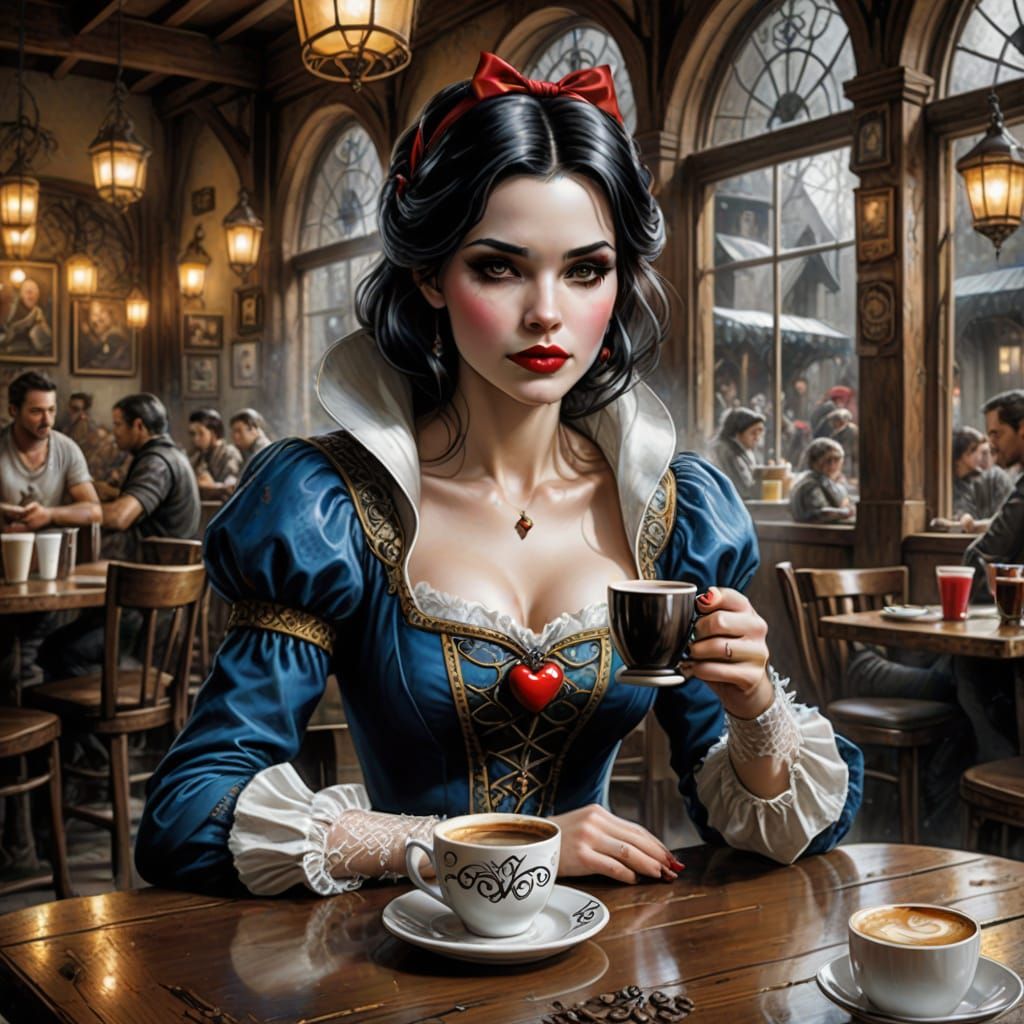 Fairy Tale Princess Savoring a Cup of Coffee in a Dark Fanta...