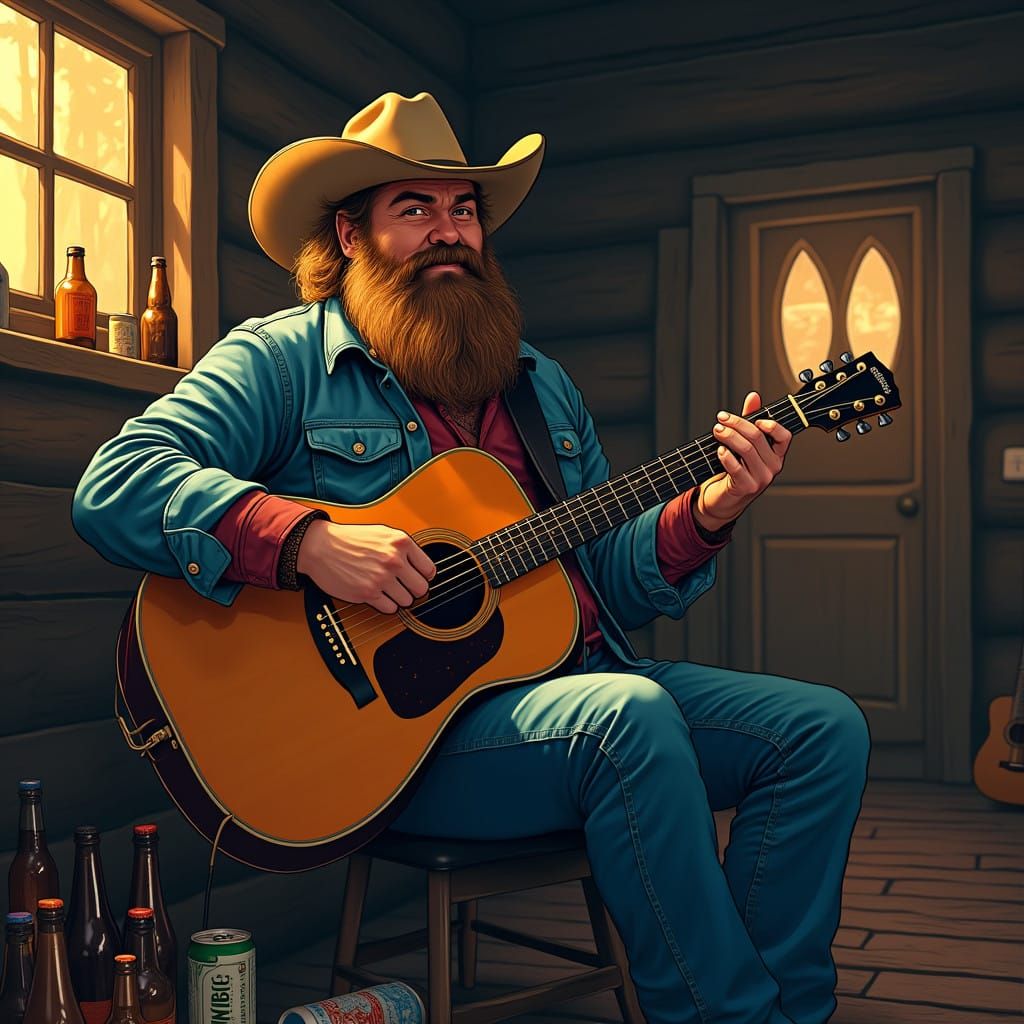 Country Western Singer Plays Guitar in Cozy Cabin with Beer