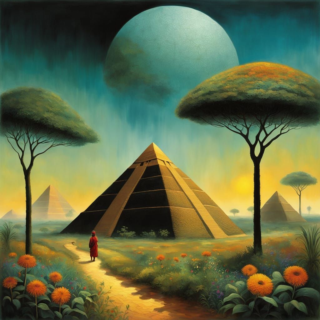 African Alchemist in Ethereal Savannah Landscape