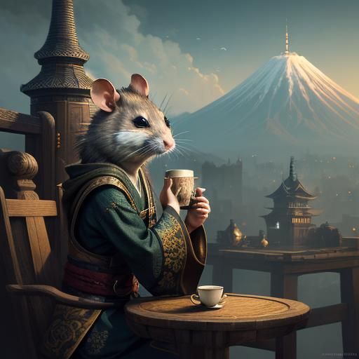 Japanese Rat Sipping Chai: Detailed Matte Painting