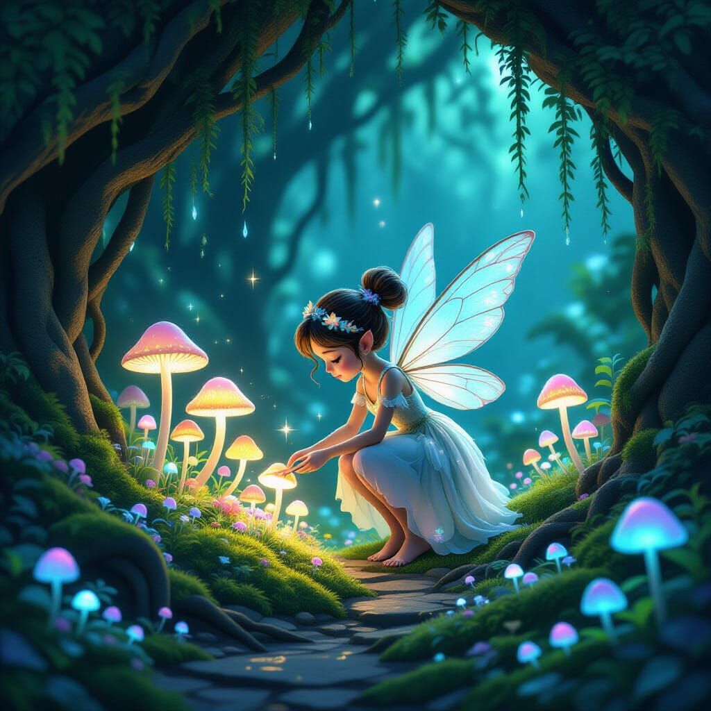 Delicate Fairy Tending Glowing Garden in Enchanting Grotto