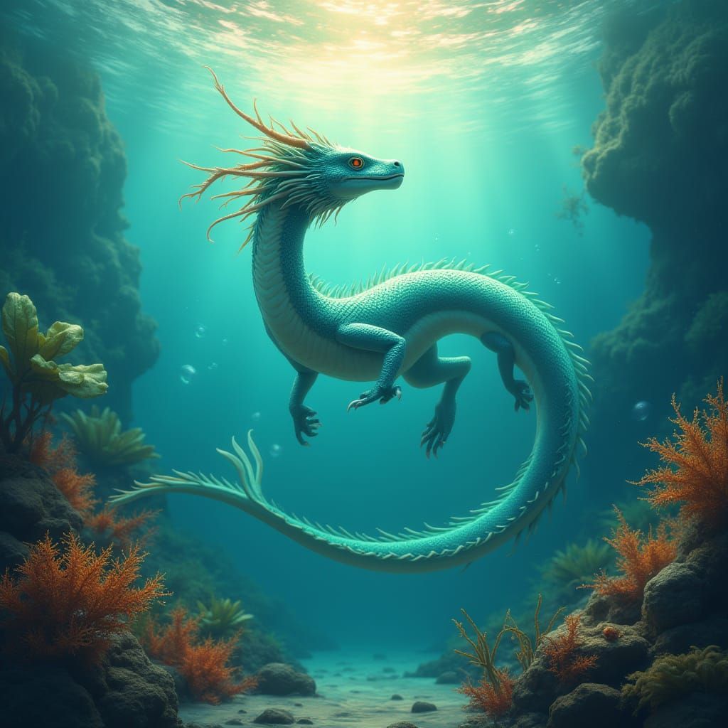 Majestic Water Dragon in Turquoise and Emerald Depths