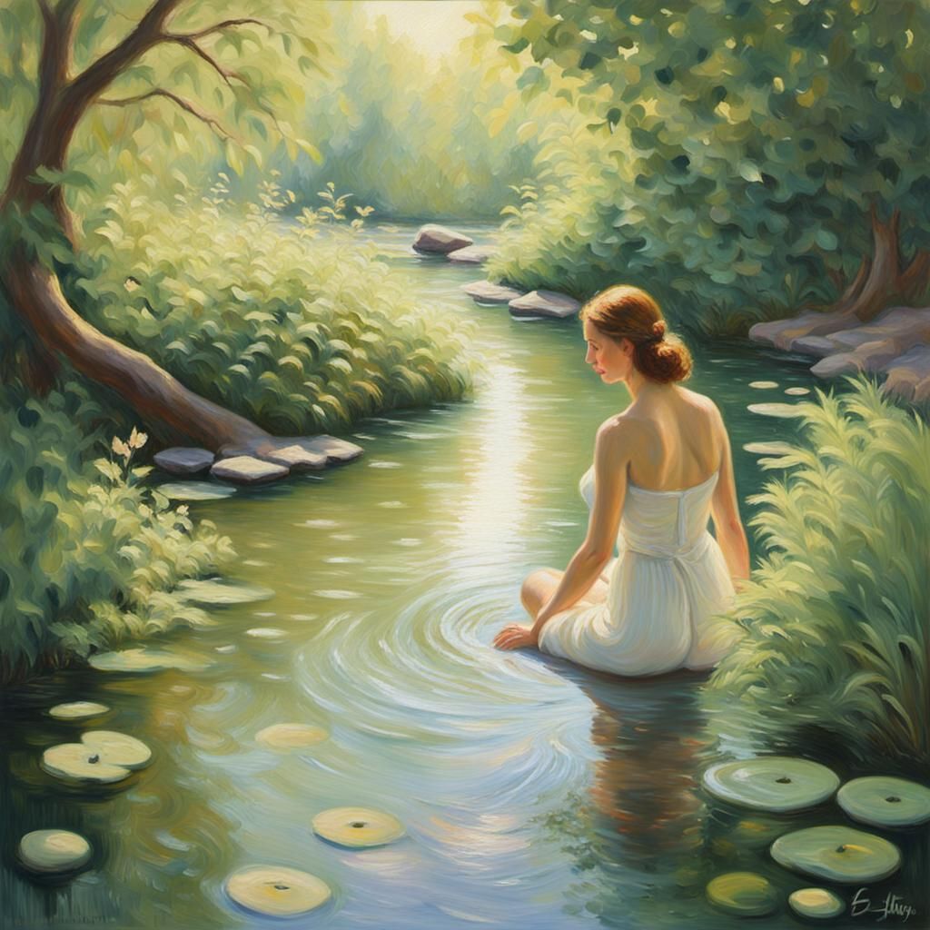 Eve Bathes in Eden: An Impressionist Oil Painting