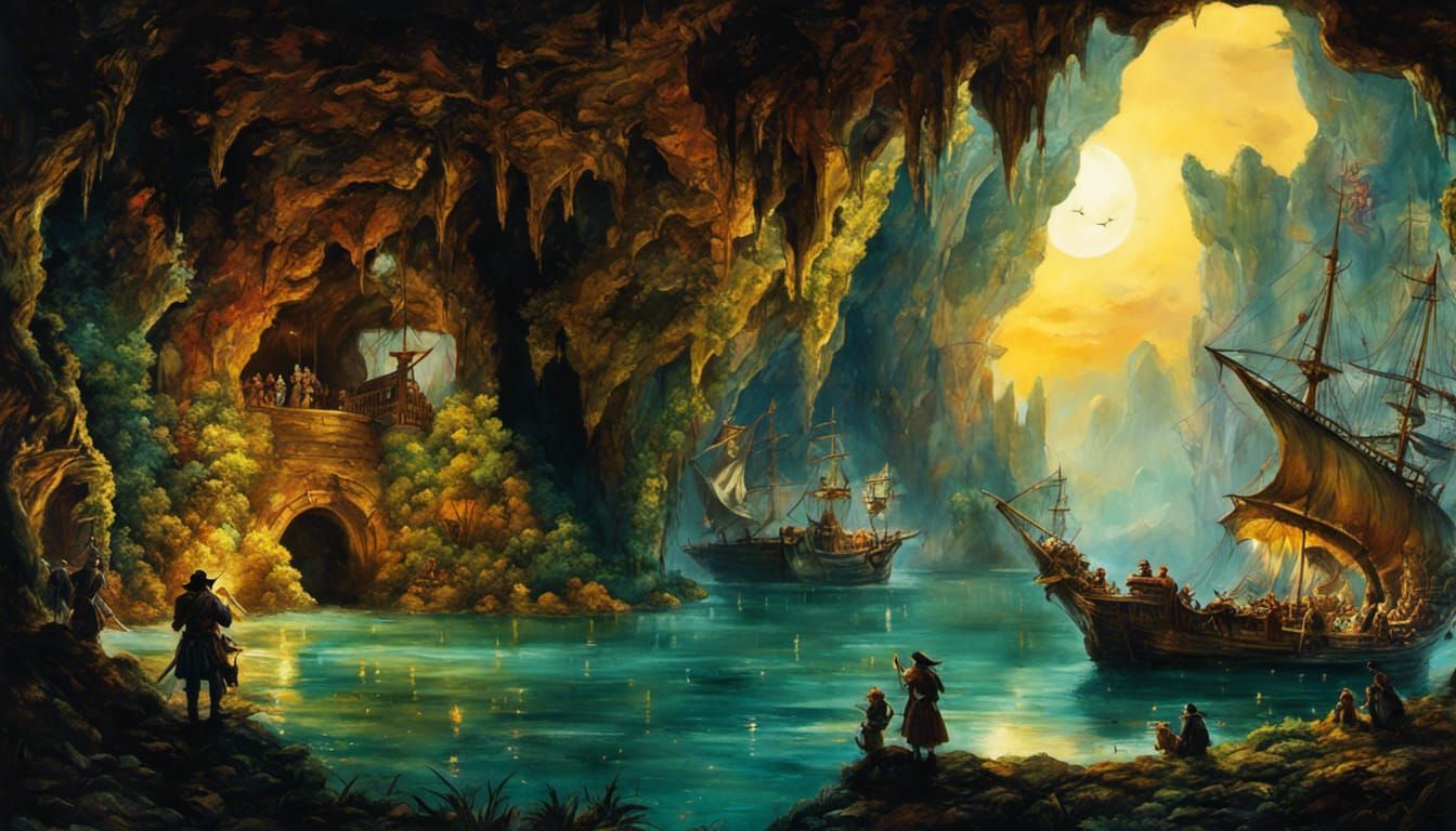 Pirates Gaze at Enchanted Wonderland: Gouache Watercolor