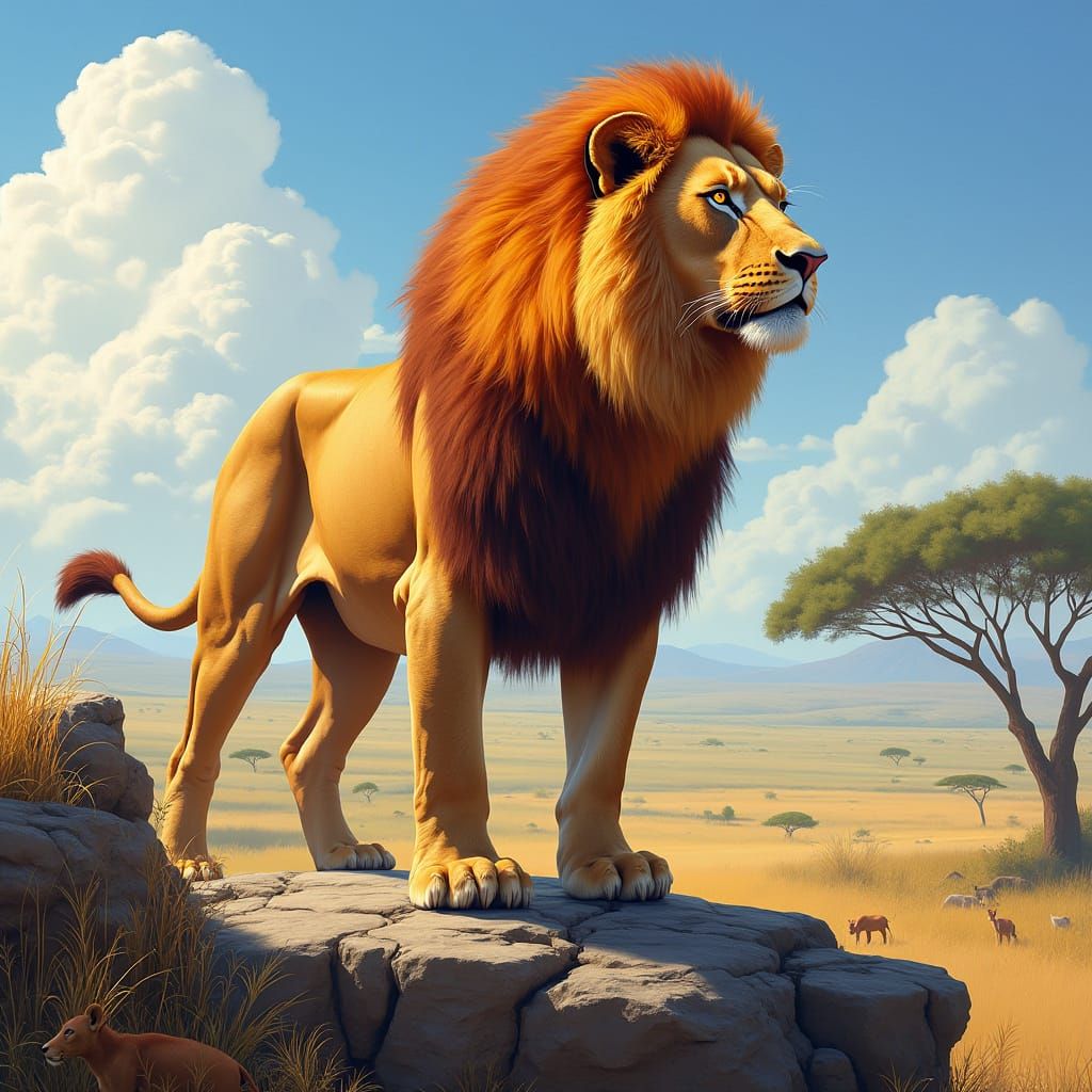 Majestic Lion Overlooking Savanna in Hyperrealistic Style
