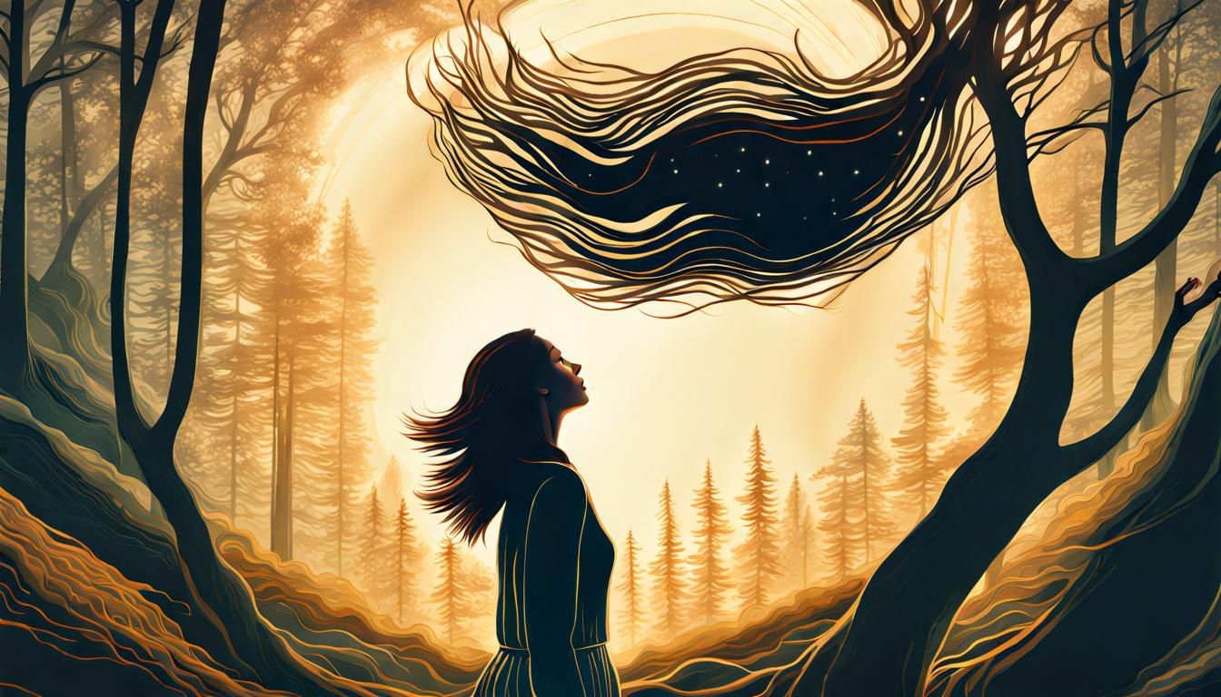 Surreal Woman Plants Sun in Warped Forest Landscape