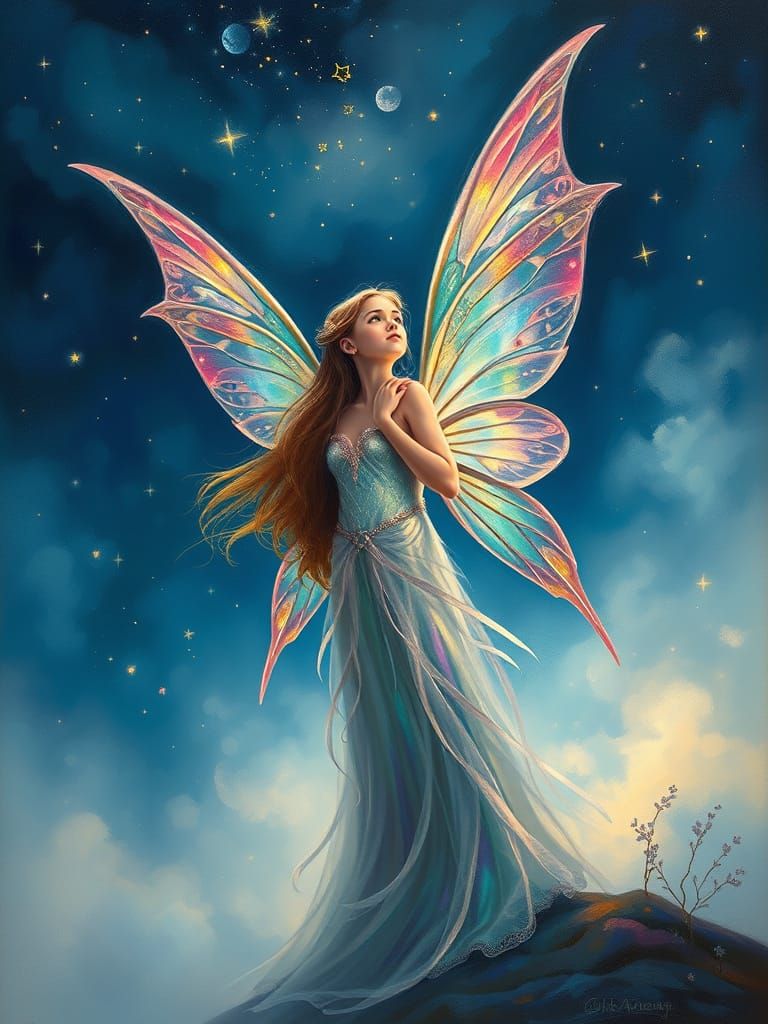 Ethereal Fairy Gazing at Starry Night Sky in Vibrant Acrylic...