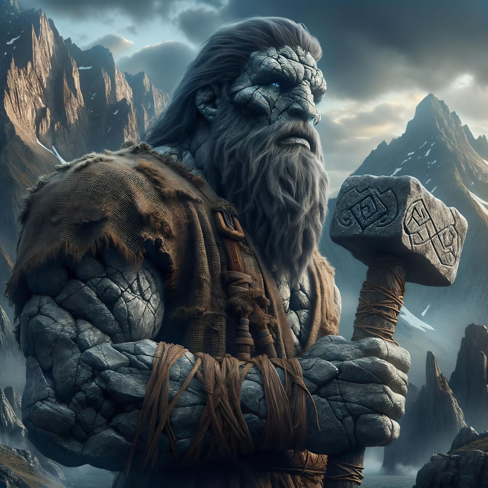 Epic Stone Giant in Mountainous Terrain
