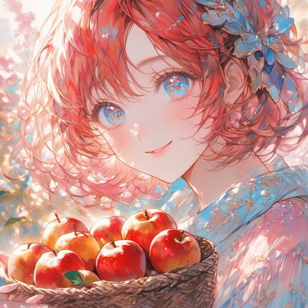 Anime Girl Portrait with Apples in Watercolor Style