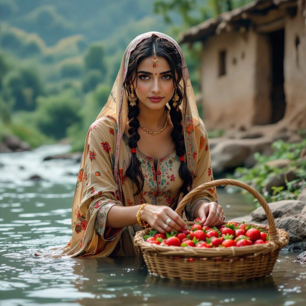 Pakistani Girl Washing Strawberries: Cinematic Film Still