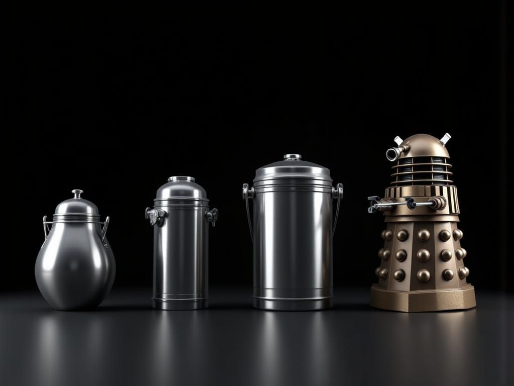 Metallic Objects Lineup: Dalek, Dustbin, Thermos, Salt Cella...