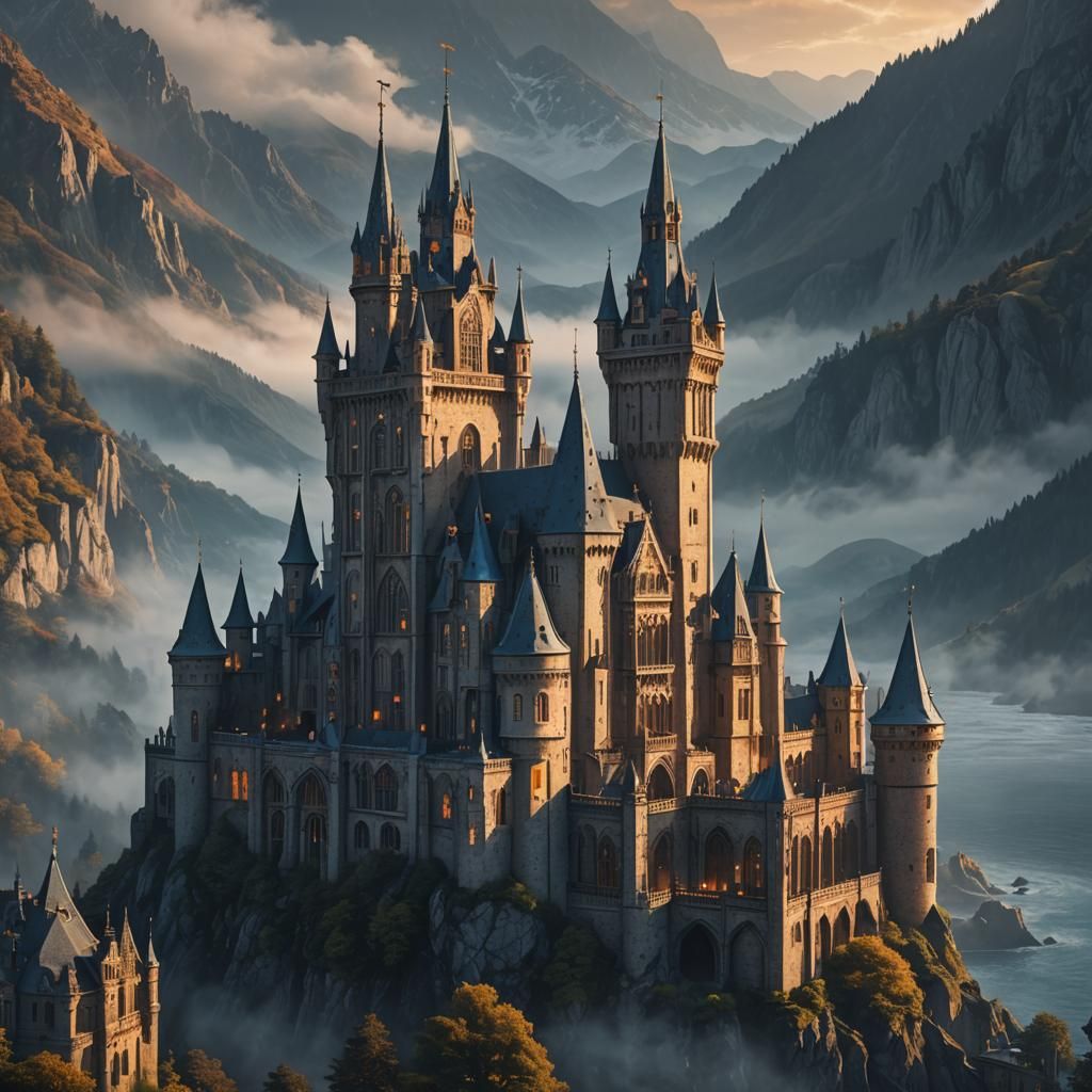 Gothic Castle Amidst Foggy Mountains at Golden Hour