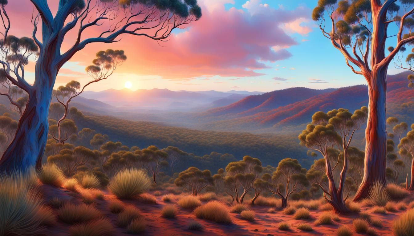 Vibrant Australian Bushland Vista in Impressionist Style