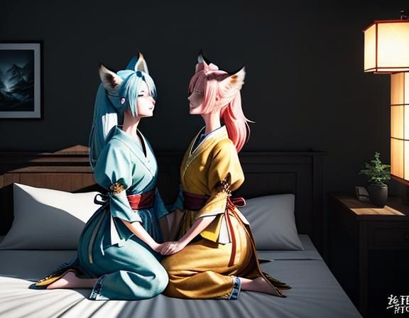 Kitsune Intimacy in Vibrant Manga Style