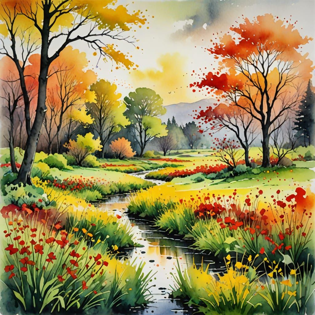 Vibrant Spring Dawn in Watercolor