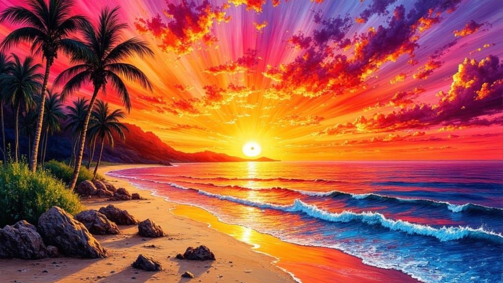 Impasto Sunset on Deserted Tropical Beach