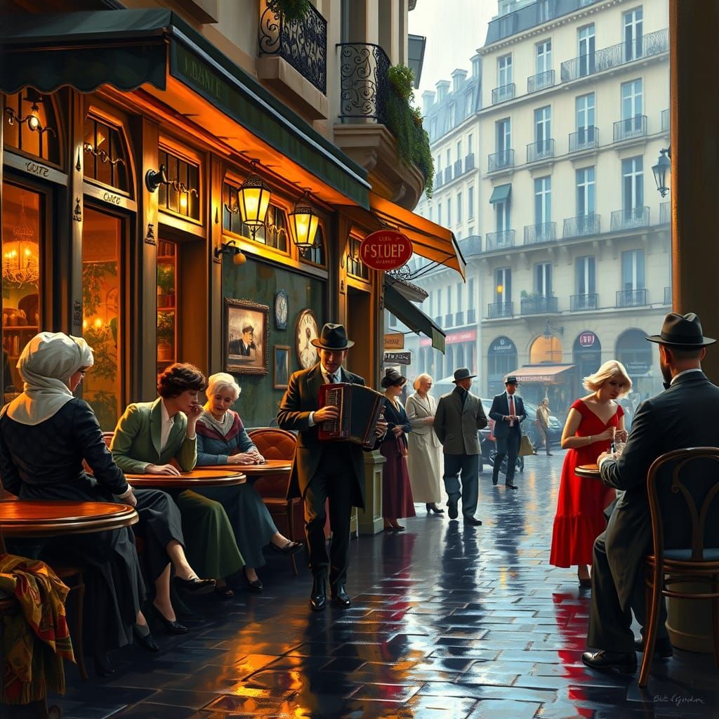 Parisian Cafe Scene in Impressionist Style