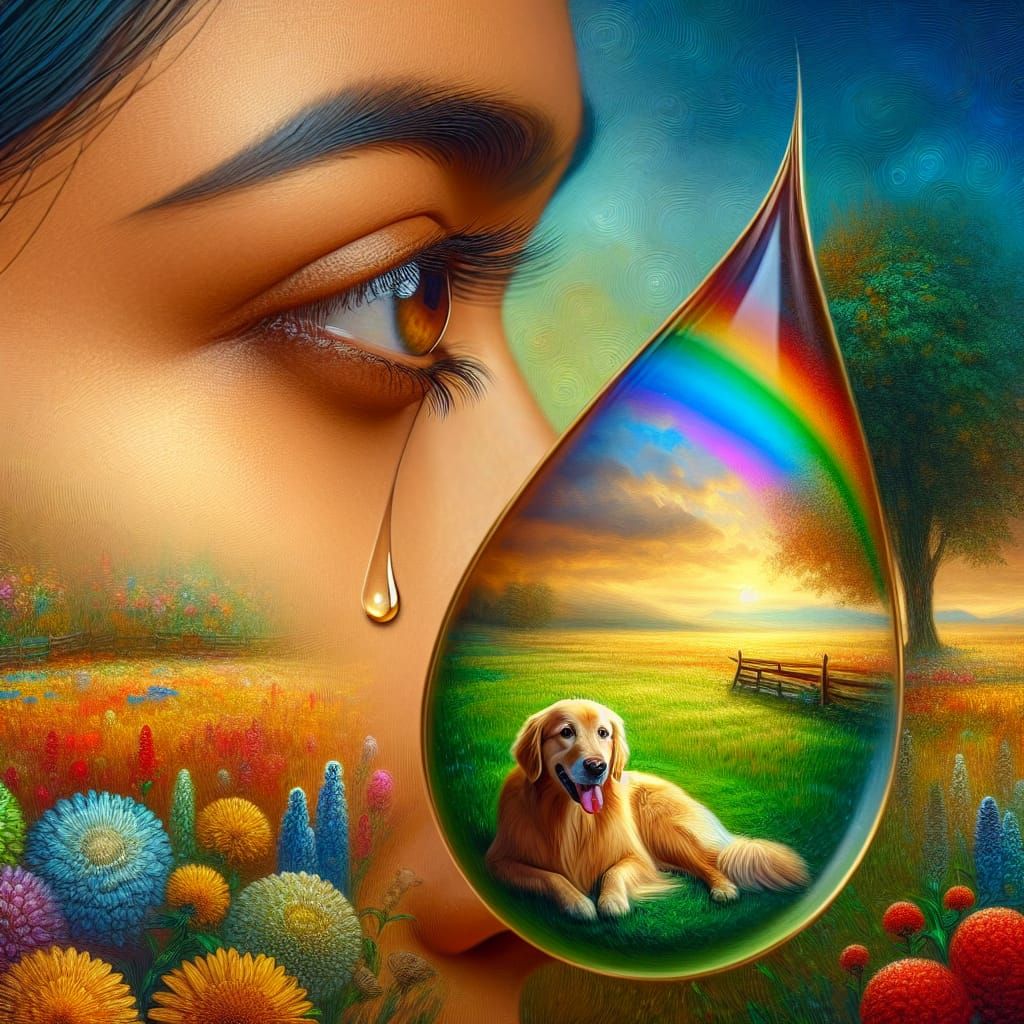 Sad Woman's Tear Reflects Dog in Field