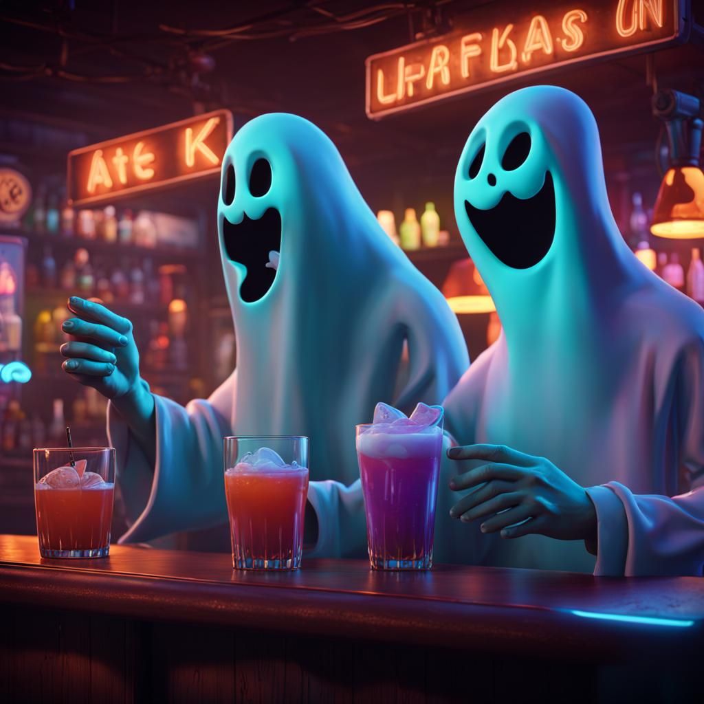 Ghosts on a Date: Neon Bar Fantasy Art