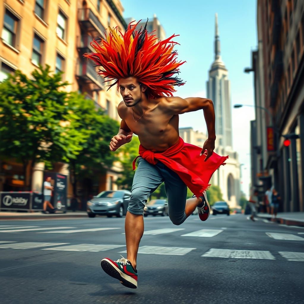 Eccentric 80s Rockstar Sprinting Down City Street in Bold Re...