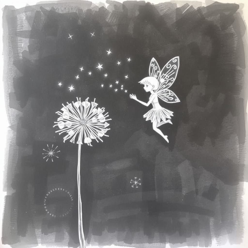 Fairy Sings in Whimsical Charcoal Drawing