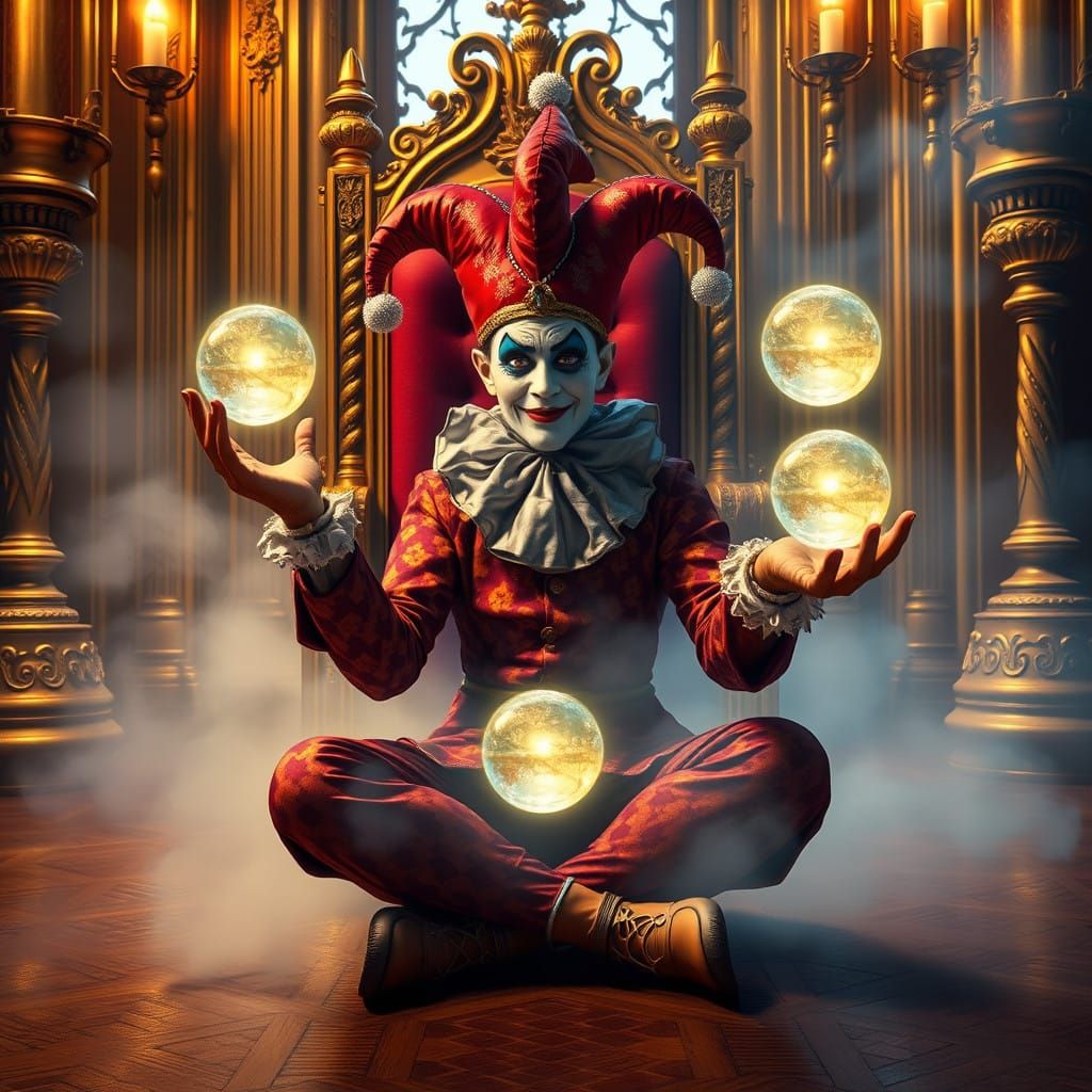 Jester in Elegant Motley Juggles Glowing Crystal Balls near....