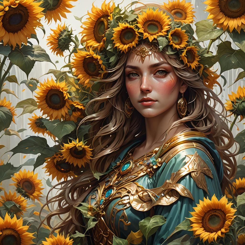 Sunflower Goddess Portrait in Art Nouveau Style